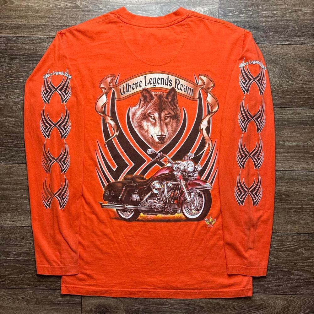 Orange Long Sleeve Tee; Graphic of a Wolf & Motorcycle
